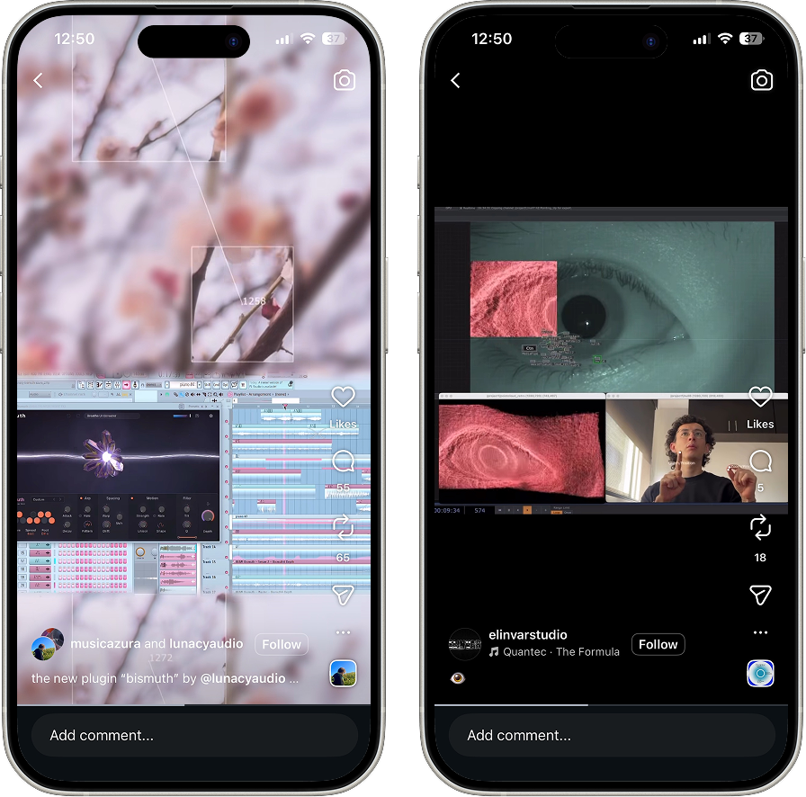 System A research: @musicazura and @elinvarstudio on Instagram using blob tracking for gesture-reactive visuals layered with their music. The visuals and audio were separate; we wanted the same gesture to drive both.